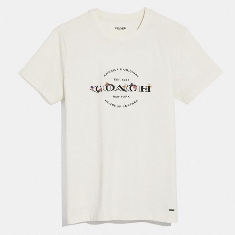 Coach Floral Embroidered Logo Rosecloud T Shirt